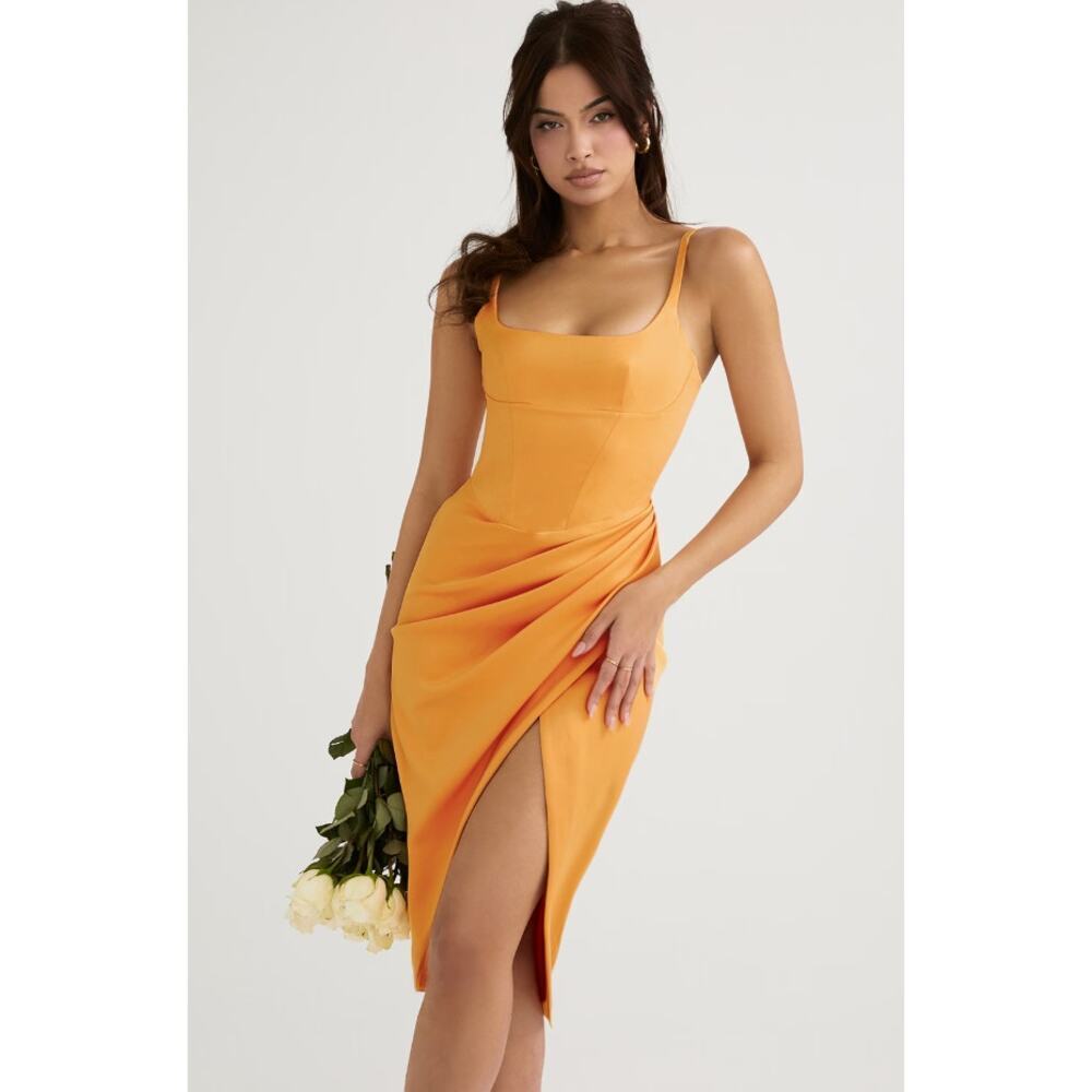 HOUSE OF CB Bianca Dress Midi Side Slit Size Medium casual cocktail